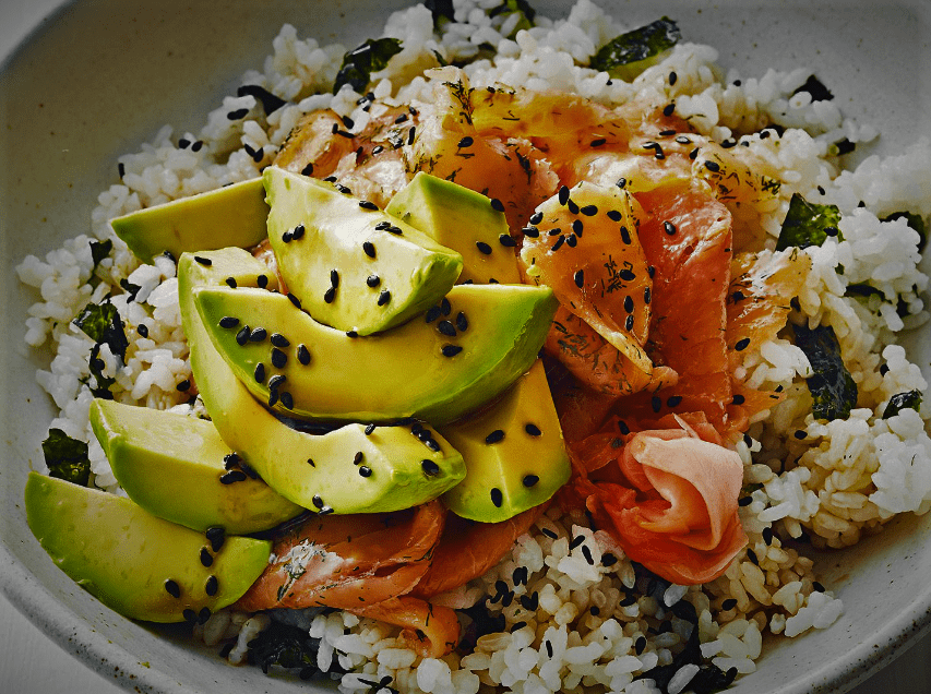 Rice avocado and salmon salad